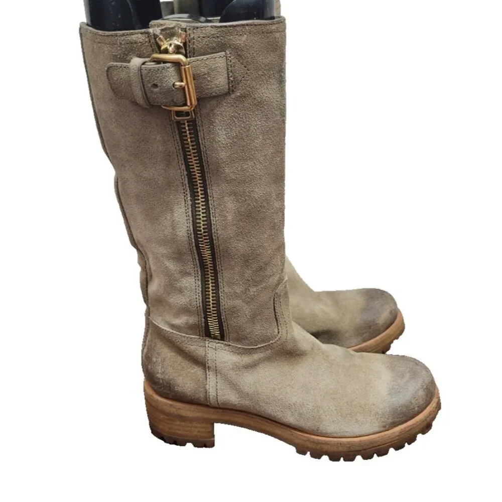 Prada Suede Mid Calf Moto Boots 37.5 Beige Taupe Leather Lined Lug Sole Side Zip - Picture 6 of 15